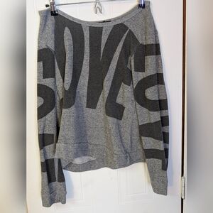 Gray and Black Graphic Sweater LOVE Wide Neck One Shoulder Well Loved